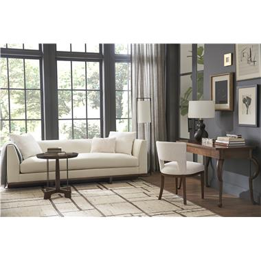 Room Scene:  HC7248-10 Adele Desk shown in standard Truffle finish, HC7227-90 Boden Sofa shown in optional Java finish and in fabric HC328-10, HC399-14 Finback Side Chair
shown in optional Java finish and in fabric HC311-10 and HC7383-10 Tilda
Side Table shown in standard Truffle finish.