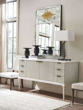 Room Scene: HC7223-02 Aldrick Side Chair shown in optional Java finish and in fabric HC310-12 and HC7247-70S Petite Plaited Buffet with Royal White Marble Top shown in optional Chalk paint.