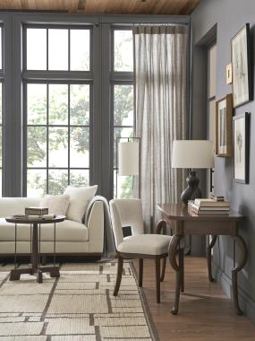 Room Scene:  HC7248-10 Adele Desk shown in standard Truffle finish, HC7227-90 Boden Sofa shown in optional Java finish and in fabric HC328-10, HC399-14 Finback Side Chair
shown in optional Java finish and in fabric HC311-10 and HC7383-10 Tilda
Side Table shown in standard Truffle finish.