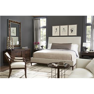 Room Scene: HC7255-10 Emile King Bed shown in optional Java finish and in fabric HC4302-17, HC7265-70 Neville Bedside Table shown in optional Java finish, HC7266-21W Gaston Double Chest shown in standard Truffle finish, HC7205-23 Saber Leg Dining Chair shown in standard Truffle finish and in leather HC9004-92, HC7383-10 Tilda Side Table shown in standard Truffle finish.