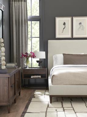 Room Scene: HC7255-10 Emile King Bed shown in optional Java finish and in fabric HC4302-17, HC7265-70 Neville Bedside Table shown in optional Java finish and HC7266-21W Gaston Double Chest shown in standard Truffle finish.