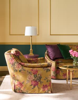 Room Scene: HC6701-90 Ariele Sofa shown in HC814-29-LIBERTY with HC2948-75 Optional welt and throw pillows shown in fabric HC457-04 with Self Welt, HC9509-SW Jules Swivel Chair shown in HC814-29-LIBERTY with Chair Frame in fabric HC457-57 Twine Welt  and 
back cushion & seat cushion in fabric HC457-57 Pencil Welt,  HC2579-10 Bristol 
Oval Cocktail Table, and HC3088-70 
Brooke Spot Table shown in Benjamin Moore Bordeaux Red 1365
lacquer paint.