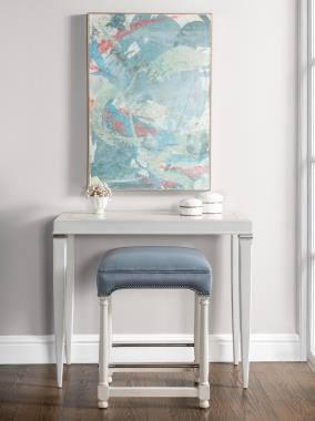 HC9511-06 Marit Backless Counter Stool shown in HC1060-UL Ultraleather with Petite Antique Nickel nail head trim & Chalk finish and HC177-51 Hutton M2M® Side Table shown in Chalk finish with Maple Veneer top and Antique Silver Collar. 