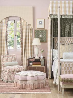 Room Scene: HC6703-23 Emmeline Armless Chair shown in Thibaut AF15107 COM fabric and S & S BT-61122-05 Green Gingha COM banding; HC1523-30 - Courtland Bench shown in  Thibaut W7205 Blush Velvet COM fabric, S & S CT-61215-07 Green & Crea COM Cord and S & S TF-59769-11 Green Crosse COM fringe with Weathered White finish and optional Dark Gold Stripe Solid; PE190-00 Star of India Ottoman shown in Thibaut AW 24511 Blusg Gingham COM fabric, Thibaut AF 15100 Patterned Blu COM fabric on top, S & S 982-41885-16 COM Banding and  S & S FR-60852-02 Blush Criss COM fringe and on button;  HC5160-16 – Tompkins Four Poster Queen Bed shown in Thibaut AW9225 Yellow Floral and Heritage White finish (Canopy is custom and not part of the bed)  and HC6466-70 Isabella Bedside table shown in Truffle finish with optional Light Gold Antique Rub striping.